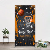 Aperturee - Aperturee Game Time Happy Birthday Rectangle Backdrop Basketball and Hoop Sports Theme Slam Dunk Star Player Party Photo Prop
